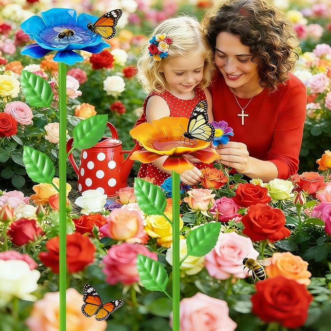 2 Pack Bee Watering Station, Metal Bee Water Station with Flower Design Colorful Butterfly Bath Bowl Drinking Feeder Cups for Outdoor Garden Yard Decor (Blue,Yellow)