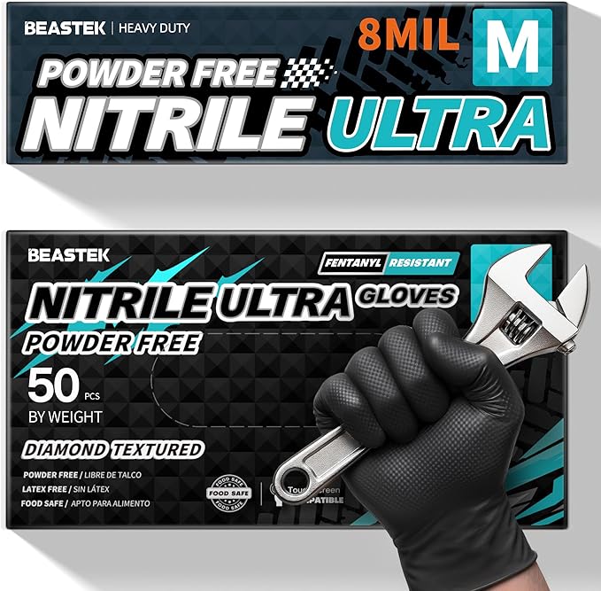 Beastek Nitrile Disposable Gloves, 8Mil Latex & Powder Free Chemical Resistant Heavy Duty Food Safe Diamond Glove Black 50Pcs
