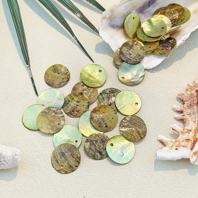 Firstmeet Shell Beads 65pcs Natural 20mm Flat Round Mussel Shell Coin Drop Charm Beads with Iridescent Back for Handcraft Jewelry Making(DIY-1023-Green Glow-20)