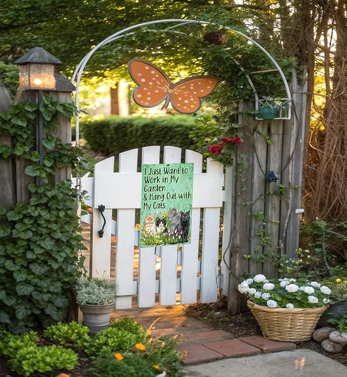 Gardening Gifts for Women and Men - Funny Cat Wall Decor Metal Sign, Cute Room Posters for Cat Lovers, Vintage Garden Decor, Home Office Art, Catio Accessories Cat Room, Cool Gifts for Plant Lovers