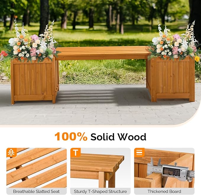 VINGLI Outdoor Wood Bench with Planter Boxes, 2-in-1 All-Weather Porch Bench Seat ＆ Open-Ended Wooden Raised Garden Bed, for Balcony Yard Patio (2 Boxes + Rectangle)