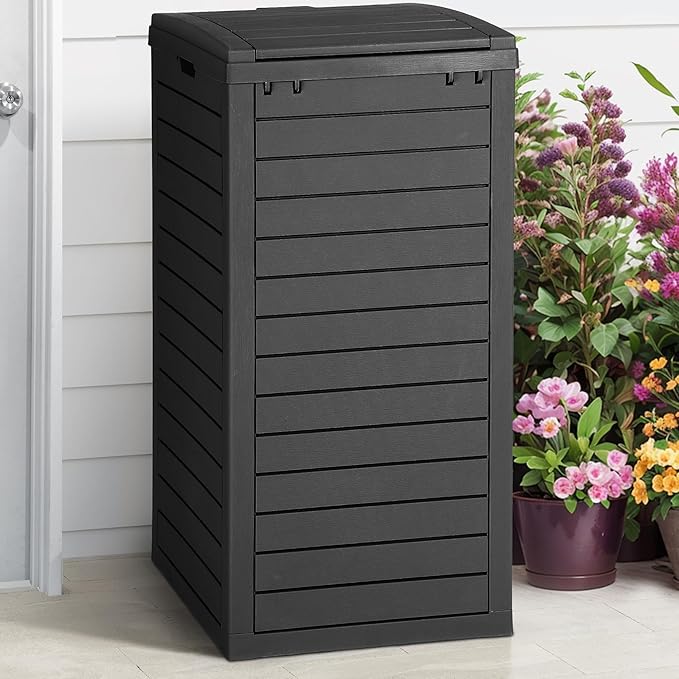 DWVO 38 Gallon Outdoor Trash Can with Lid & Drip Tray, Waterproof Hideaway Garbage Bin, Waste Container for Patio, Backyard, Deck, Garden, Easy Assembly & Clean (Black)