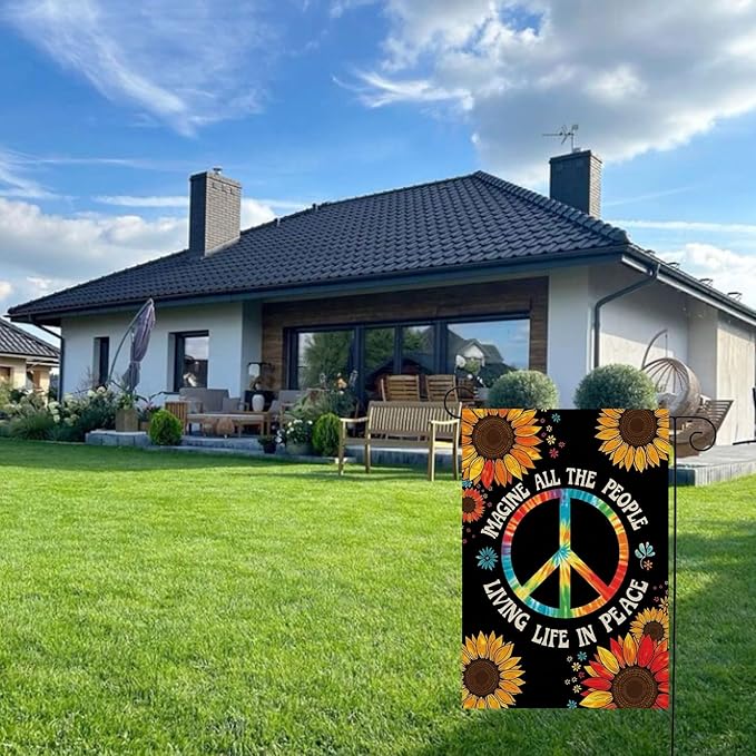 Peace Sign Garden Flag 12x18 Inch Vertical Double Sided Rainbow Sunflower Imagine All The People Living Life in Peace Motivational for Outdoor Yard Lawn Decorations