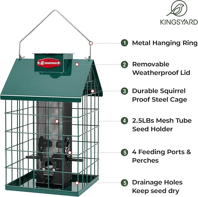Kingsyard Squirrel Proof Caged Bird Feeder for Outdoor Hanging - Weatherproof Metal Mesh Tube Finch Bird Feeder with 4 Ports for Nyjer/Thistle Seed, Small Birds Goldfinches, Chickadees, Green