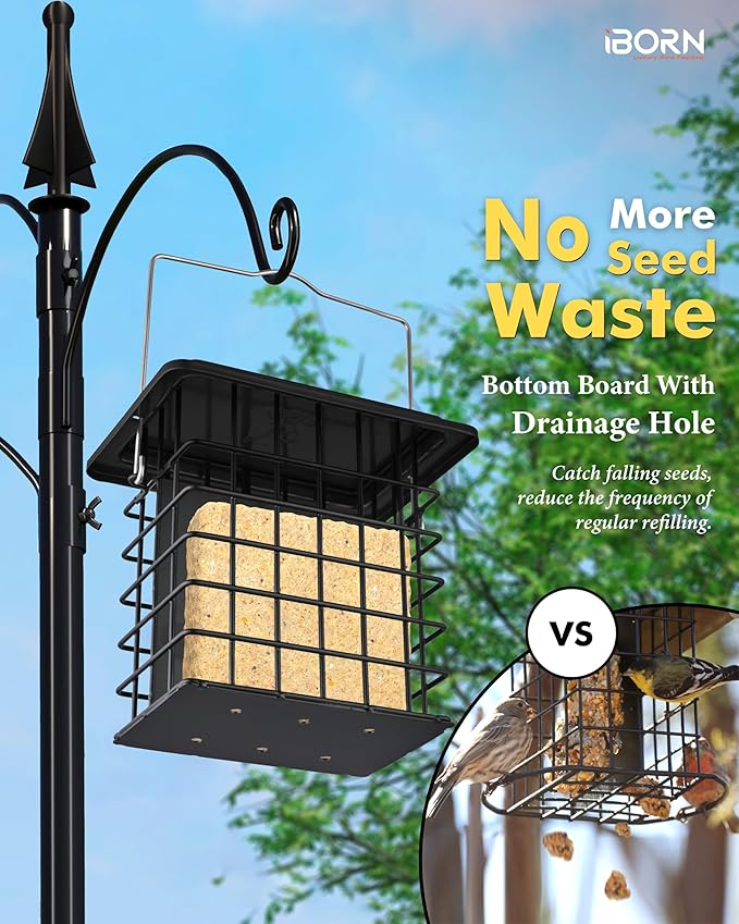 iBorn Double Suet Feeder for Outside Hanging,Weatherproof Suet Feeders,Suet Holder with Taller Grid for Woodpecker, Suet Cage Bird Feeders for Outdoors,Easy to Clean & Refill,All Metal,Black