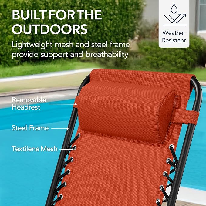 Best Choice Products Outdoor Folding Rocking Chair, Zero Gravity Lounge Chair, Patio Rocker w/Headrest Pillow - Burnt Orange
