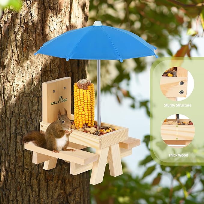 MIXXIDEA Squirrel Feeder Table with Umbrella, Wooden Squirrel Picnic Table Feeder, Sturdy Squirrel Feeder Corn Cob Holder, with Solid Structure and 2 x Thick Benches(Blue)