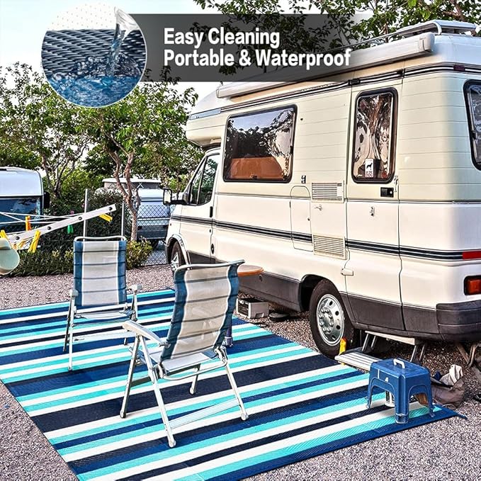 HUGEAR Outdoor Waterproof Rug 6'x9' Plastic Straw Rugs Washable Reversible Floor Mat Blue Stripe Carpet for Camping RV Deck Entryance Porch Picnic Balcony Beach Backyard