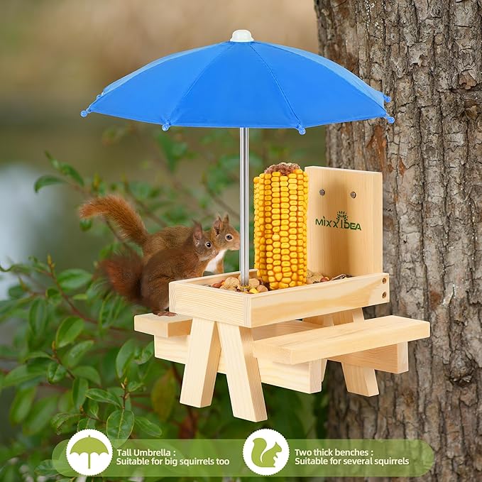 MIXXIDEA Squirrel Feeder Table with Umbrella, Wooden Squirrel Picnic Table Feeder, Sturdy Squirrel Feeder Corn Cob Holder, with Solid Structure and 2 x Thick Benches(Blue)