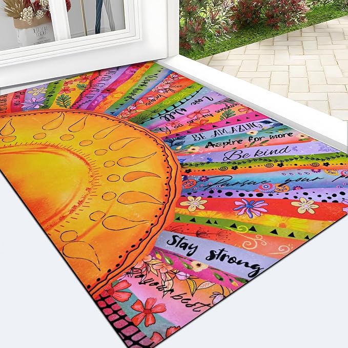 Likiyol Boho Sun Door Mat Outside Entrance, Colorful Floral Welcome Mat Front Door Mat Inspirational Quotes Non Slip Doormat Outdoor Indoor Entrance, Low Profile, Absorbent, 24" x 36"