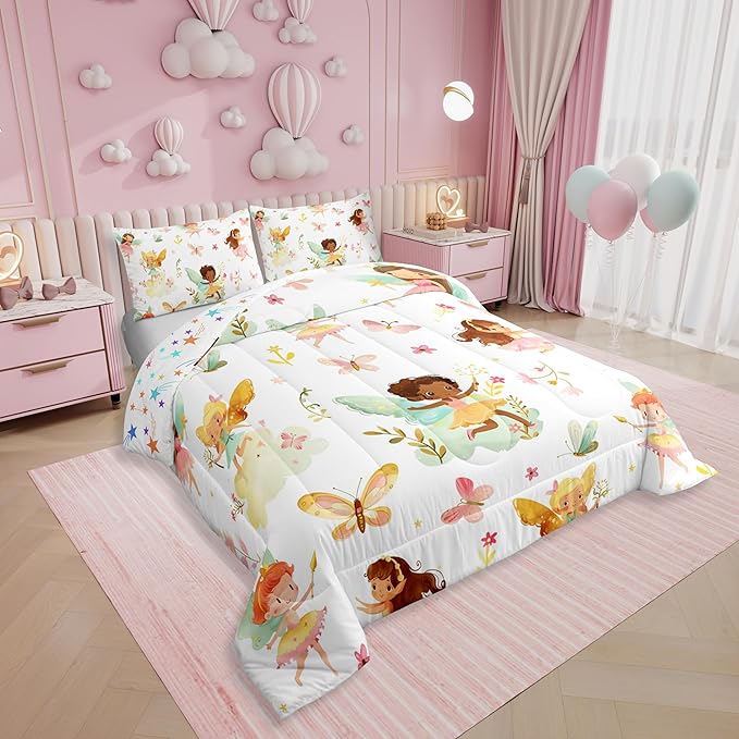 Erosebridal Fairy Queen Comforter Set for Girls - Butterfly & Floral Bedding Sets for Kids, Cute Pink Flower Fairies Garden Bed Set | Girly Princess Room Decor with 2 Pillowcases