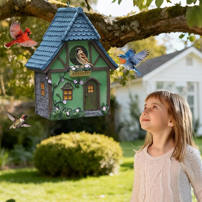 Bird Houses for Outside Cottage Garden Birdhouse –Green Resin Birdhouses for Outdoors with Flower and Stone Details for Bluebird Finches Cardinals Bird Nesting Garden, Patio, Yard