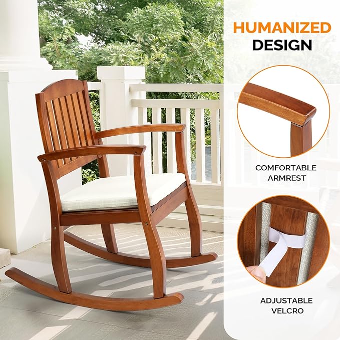 VINGLI Wooden Rocking Chair with Cushion,Outdoor Indoor Rocking Chair Supports Up to 450 lbs,Chair with Comfortable Backrest for Patio, Porch, Balcony (1, Teak)