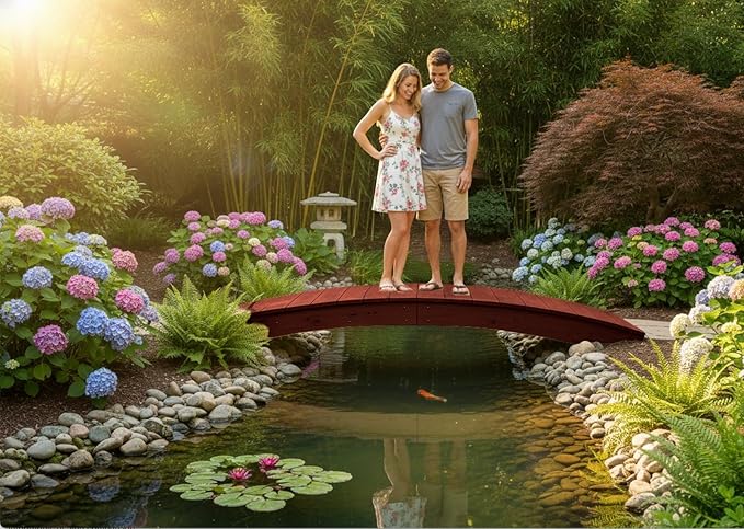 8 FT MAHOGANY Amish Made Pinewood Heavy Duty Garden Bridge for Walkway, Backyard Pond & Landscaping, Outdoor Wooden Footbridge for Koi Pond, Japanese Style Decorative Bridge, Made in USA