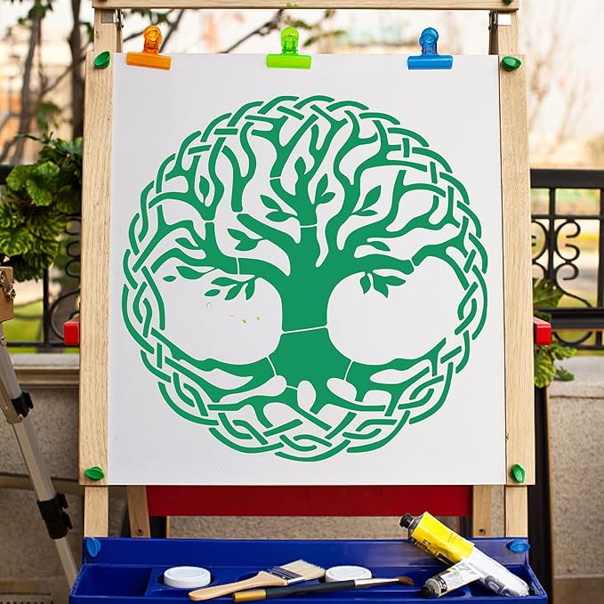 GORGECRAFT 12"X12" Large Tree of Life Templates Round Celtic Triquetra Knot Stencil Plastic Drawing Recycle Tree Stencil Templates for Painting on Wall Canvas Crafts DIY Home Decor Furniture