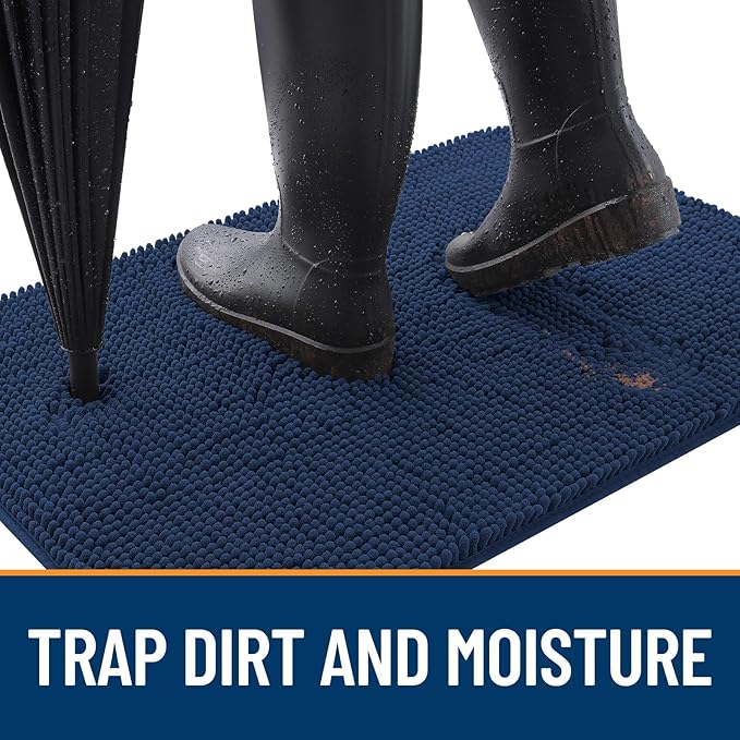 OLANLY Dog Door Mat for Muddy Paws 36x24, Absorbs Moisture and Dirt, Absorbent Non-Slip Washable Doormat, Quick Dry Chenille Mud Mat for Dogs, Entry Indoor Entryway Carpet for Inside Floor, Dark Blue
