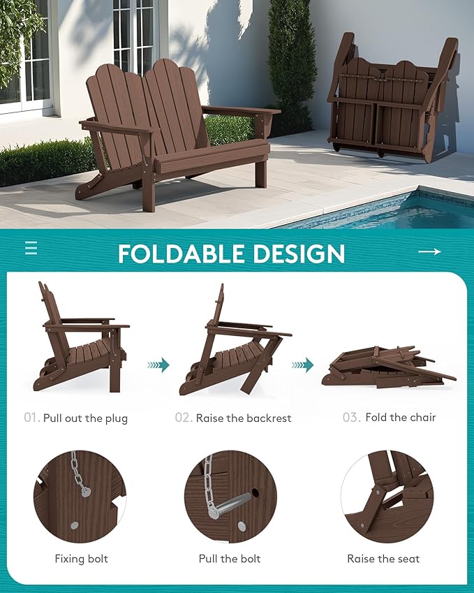 SERWALL Folding Adirondack Bench, HDPE All-Weather Adirondack Loveseat Set of 2, Coffee