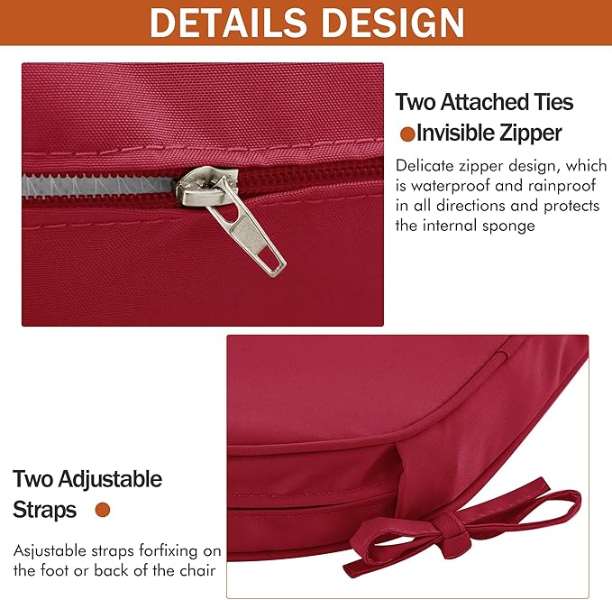 Outdoor Chair Cushions Set of 4 Waterproof Patio Chair Cushions with Tie 5 Year Color Fastness Thick Outdoor Seat Cushion for Garden Lawn Round Corner Burgundy 17x16x2 Inch