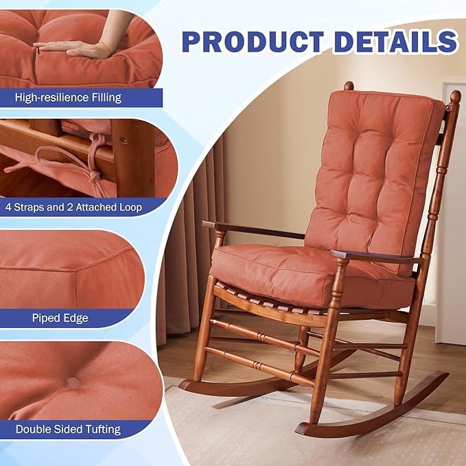 Rocking Chair Cushion, Waterproof and Fade-Resistant Patio Chair Cushions, Tufted Chair Pads for Rocker Furniture, 17x17 Inch, Indoor/Outdoor Seat Cushions with Ties, Spice