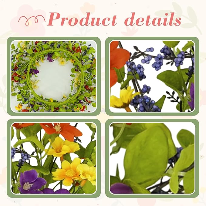 YNYLCHMX 18" Spring Summer Wreaths for Front Door, Artificial Floral Wreath with Colorful Wild Flowers Dicotyledons Berries, Green Foliage Wreath for Wall Window Farmhouse Party Holiday Home Decor