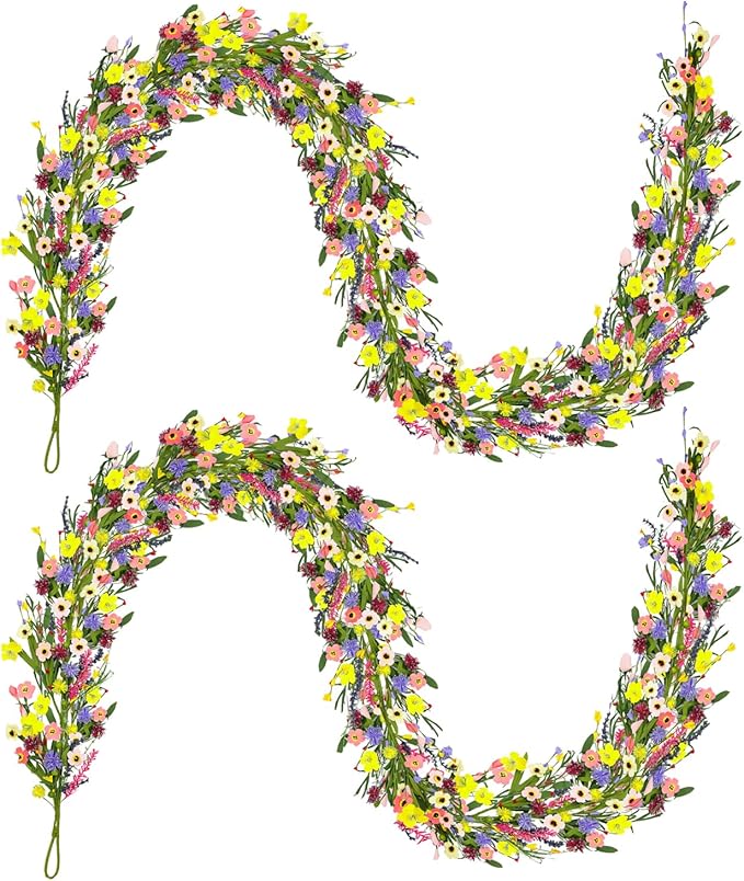 2Pcs 6 ft Artificial Wildflower Garlands Wisteria Lavender Garland Daisy Lavender Faux Floral Vine Summer Spring Floral Fake Wreath All Year Round Home Decor for Indoor Outdoor Home Wedding Arch