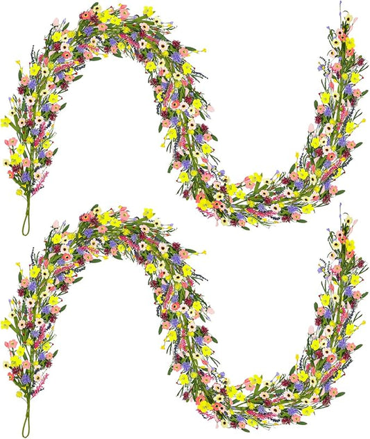 2Pcs 6 ft Artificial Wildflower Garlands Wisteria Lavender Garland Daisy Lavender Faux Floral Vine Summer Spring Floral Fake Wreath All Year Round Home Decor for Indoor Outdoor Home Wedding Arch