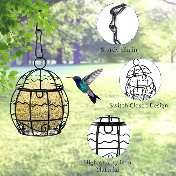 4 Pack Bird Feeder, Suet Ball Feeders for Outside Hanging, Metal Hanging with Hooks, Fat Ball Bird Feeder Suet Feeder for Wild Birds Outdoor Garden