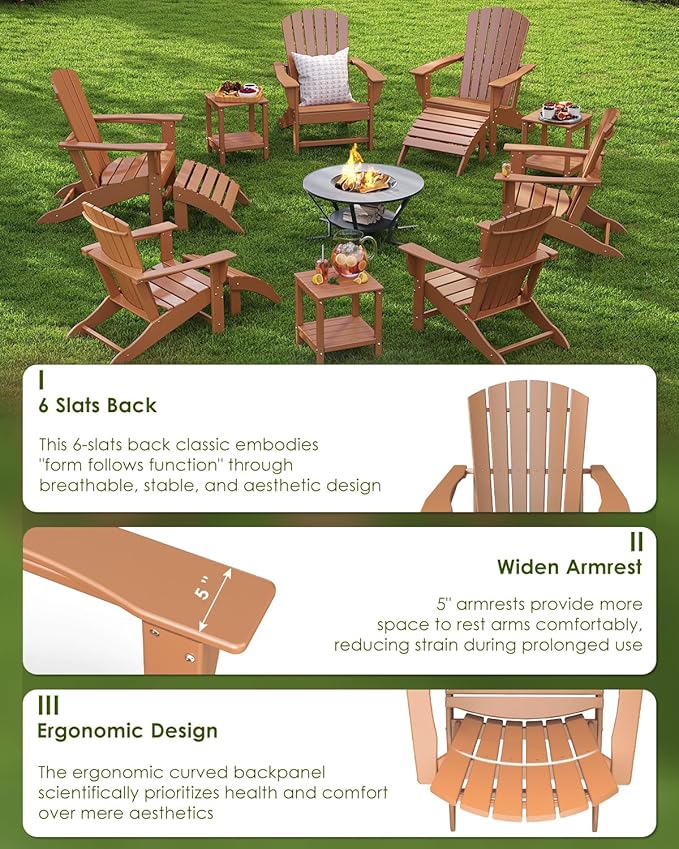 GREENVINES Adirondack Chairs Set of 2 | HDPE Plastic | Oversized Fire Pit Chair | All Weather | Teak | Poly Lumber | for Outdoor Deck Backyard Patio Garden