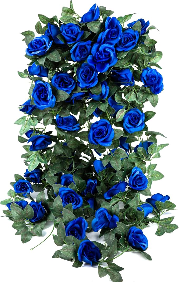 4 Pack (32FT) Artificial Rose Vine Fake Flowers Garland Hanging Silk Rose Ivy Plants Vine for Wedding Arch Party Garden Home Bedroom Office Wall Aesthetic Art Décor (Royal Blue)