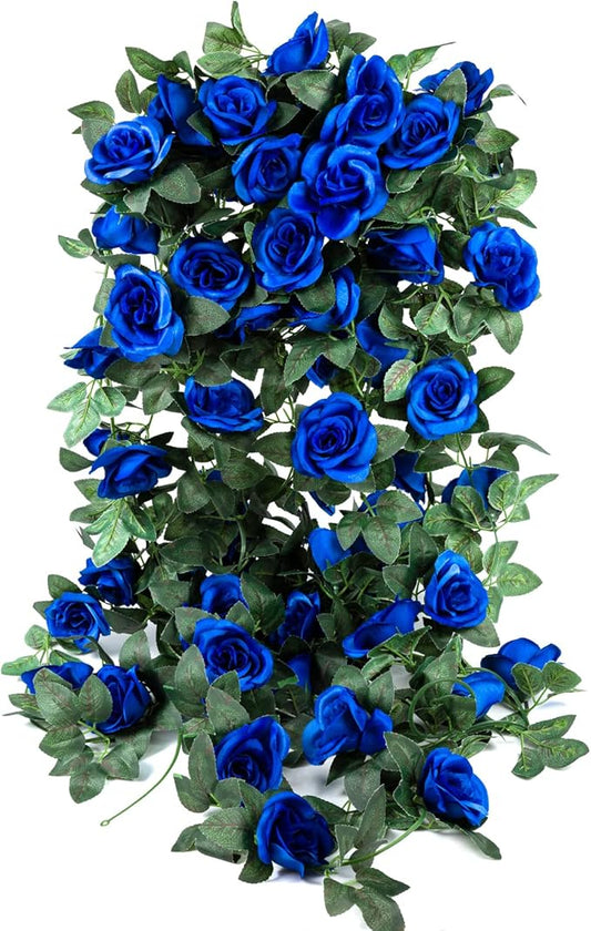 4 Pack (32FT) Artificial Rose Vine Fake Flowers Garland Hanging Silk Rose Ivy Plants Vine for Wedding Arch Party Garden Home Bedroom Office Wall Aesthetic Art Décor (Royal Blue)
