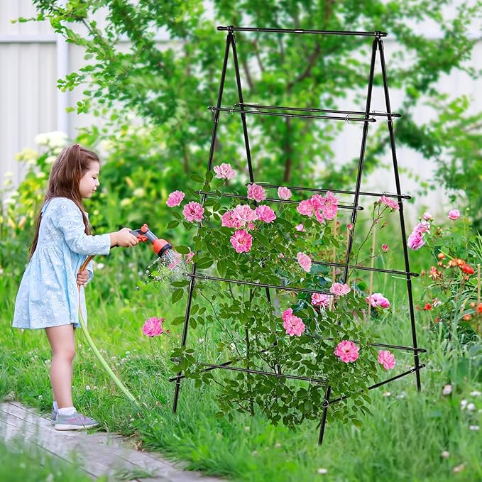 Garden Trellis for Climbing Plants, 71" H x 32" W Metal A-Frame Cucumber Trellis Outdoor Fruits Watermelon Vegetable Tomato Squash Peas Beans, with Netting, Black
