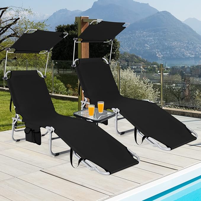 GYMAX Tanning Chair, Beach Lounge Chair with Canopy Sunshade, Carry Handle & Pocket, 5 Level Adjustable Layout Chaise Lounge for Outside, Folding Sunbath Chair for Outdoor, Patio, Poolside (2, Black)