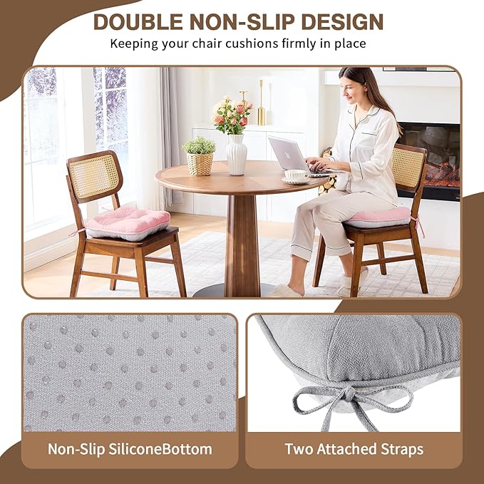 BETU Chair Cushions for Dining Chairs Set of 2,3.5" Thick Kitchen Table Chair Pads with Ties,Non Slip Backing and Covers, Seat Cushion for Dining Room,Bar,Patio Chairs,16"X16"X3.5",Light Grey