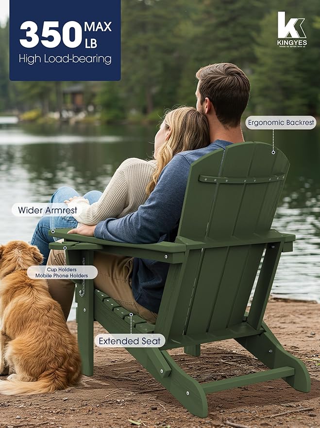 KINGYES Folding Adirondack Chair with Dual Cup Holders - HDPE All-Weather Outdoor Chairs, Wood-Like Patio Chair for Backyard, Camping, Pool & Fire Pit, Avocado Green