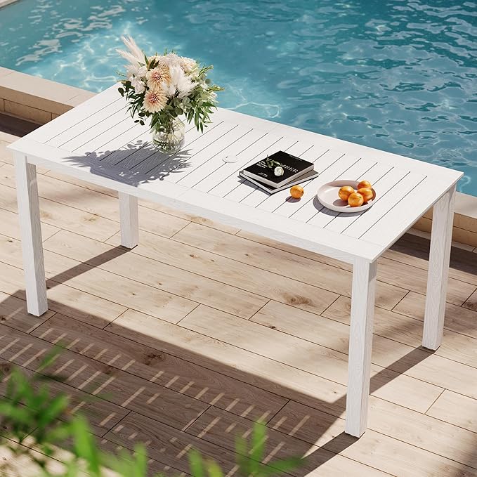 YEFU Outdoor Dining Table for 6: All Weather Rectangular Patio Table with Umbrella Hole and Aluminum Frame - Outdoor Furniture for Outside Backyard/Garden/Pool/Porch/Deck, 300lbs Capacity, White