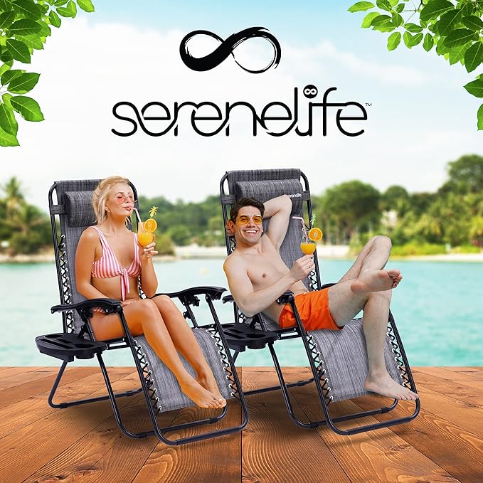 SereneLife Zero Gravity Lounge Chairs Set of 2, Adjustable Outdoor Recliner Chairs with Lockable Positions, Side Table Cup Holders, Padded Headrest Pillows, Foldable Steel Frame Patio Chairs (Gray)