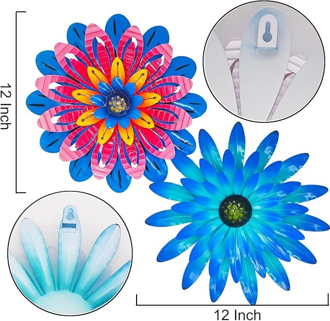 2PCS 12 Inch Metal Flower Wall Decor - Blue and Red, Vibrant Rustic Modern Hanging Art Sculpture - Decoration for Farmhouse, Fence, Patio, Living Room - Kitchen and Bathroom Art Wall Decor