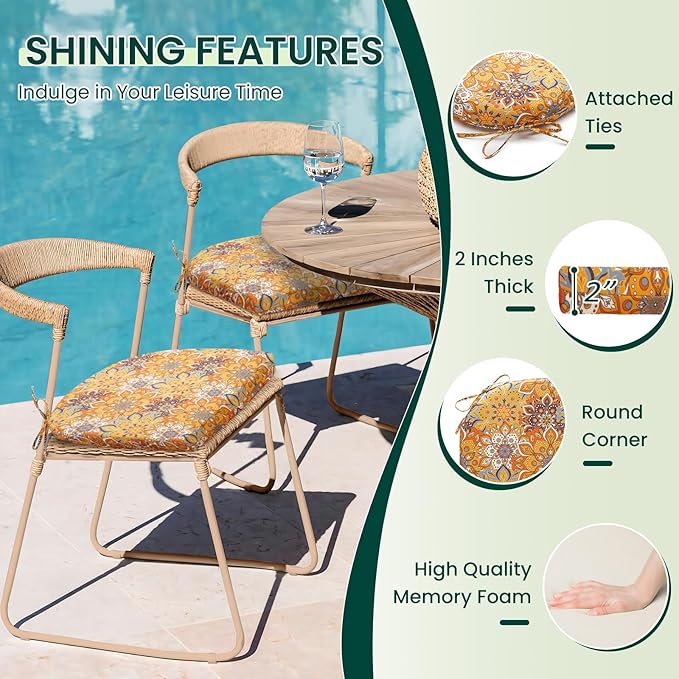 HARBOREST Outdoor Chair Cushions Set of 2, Water Resistant Patio Chair Cushions with Ties, Outdoor Seat Cushions for Patio Furniture, 17"x16"x2", Blooming
