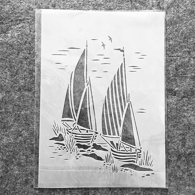 TIAMECH A4 Reusable Sailboat Stencil for Painting - Nautical Navy Sail Seagull Layering Template, DIY Wall Art, Wood Furniture, Scrapbook & Crafts (8.3x11.7inch)