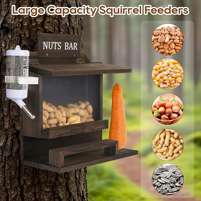 Squirrel Feeders for Outside, Large Carbonized Squirrel Feeder Chipmunk House, Funny Squrrill Nuts Bar, Durable Wooden Squirrel Corn Cob Feeder, No Assembly Required