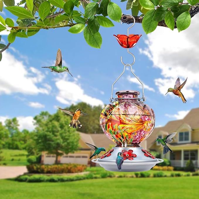 BOLITE Hummingbird Feeder, Hand Blown Glass Hummingbird Feeders for Outdoors Hanging, with Ant Moat and 5 Feeding Ports, 22 Ounces, Peony Flower Shape, Purple, Gifts for Women Men, Gifts for Mom Dad