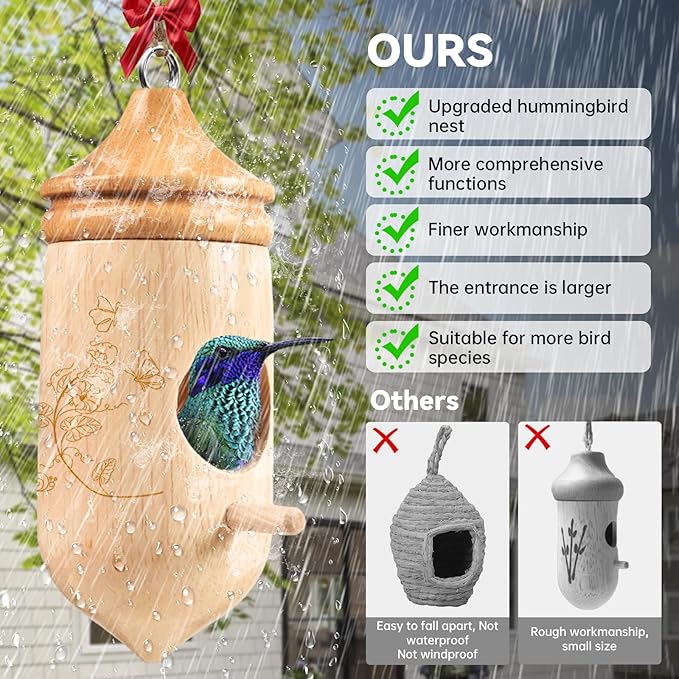Hummingbird House, Solid Wood Hummingbird Houses for Outside-Exquisitely Handcrafted Birdhouse with Ribbon and String Hanging Kit, Durable Garden Decor, Perfect Gardening Gift (Style-D, 3 Pack)