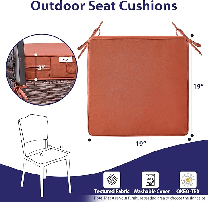 Outdoor Chair Cushions Set of 4 -Waterproof Outdoor Seat Cushions for Patio Furniture, Patio Chair Cushion with Handle and Ties, Square Out Door Chair Pads,19" x 19" x 3", Spice