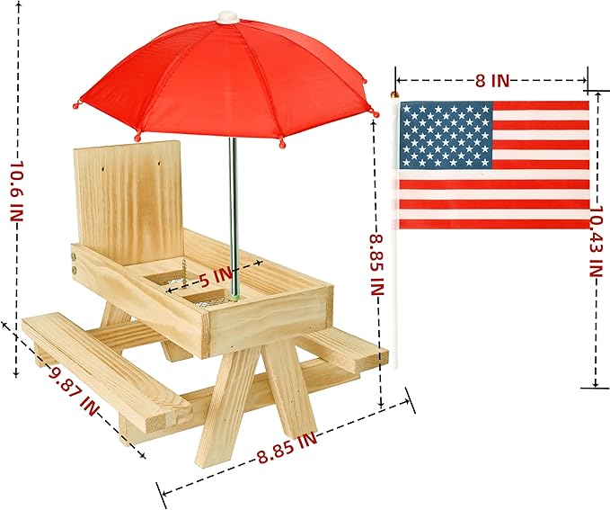 Squirrel Feeder Picnic Table with Umbrella, Wooden Squirrel Feeders for Outside with Corn Cobs Holder Cute Chipmunk Feeder, Easy to Fill with Removable Front Panel