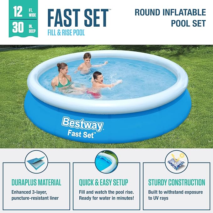 Bestway Fast Set 12 Foot x 30 Inch Round Inflatable Ring Above Ground Swimming Pool Set Easy Setup Backyard Outdoor Family Pool with Filter Pump