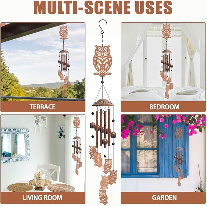 Owl Wind Chimes for Outside, Hanging Metal Windchimes Outdoors for Garden, Patio, Yard, Owl Gifts for Women, Men, Bird Lover, Garden Decor, Birthday, Festival, Memorial Gift with Box