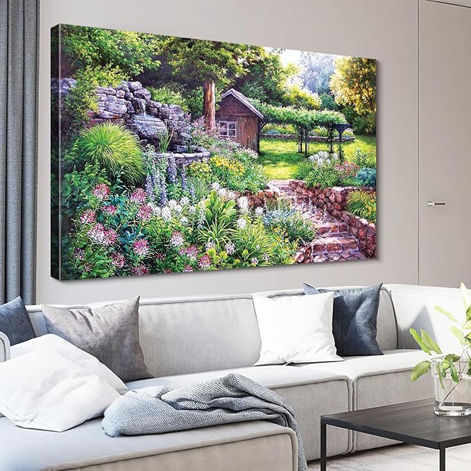STUDIO HAVEN Thomas Kinkade Canvas Wall Art, Garden Cottage Stone Pathway Fountain Lush Blooms and Tranquil Retreat Oil Painting Poster Rustic Wall Decor, Framed Prints for Home Decor, 40x28Inch
