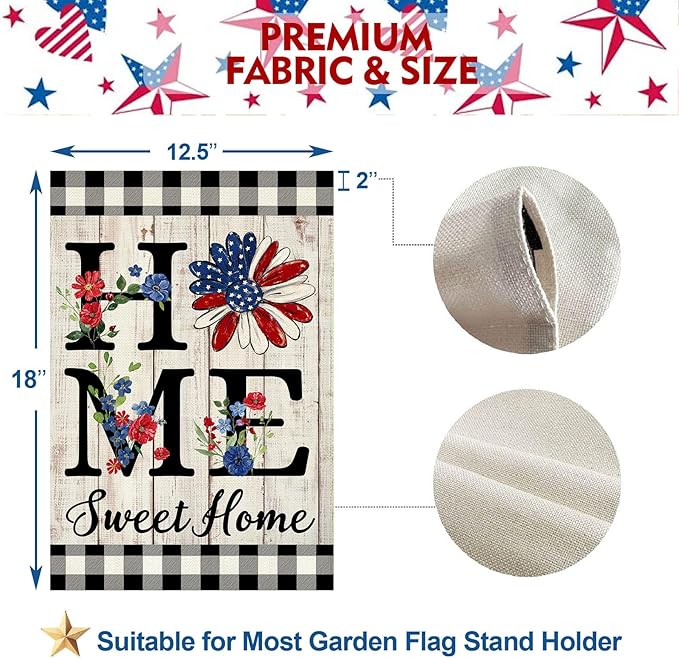 ORTIGIA 4th of July Patrioctic Garden Flag Burlap Vertical Double Sided Independence Day Memorial Day Home Sweet Home Sunflower Small Flag Home Yard Outside Outdoor Decor 12.5x18 Inch