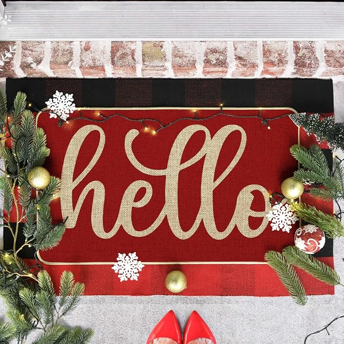 Artoid Mode Red Hello Valentine's Day Doormat, Anniversary Home Decor Low-Profile Switch Rug Door Mat Floor Mat for Indoor Outdoor 17x29 Inch