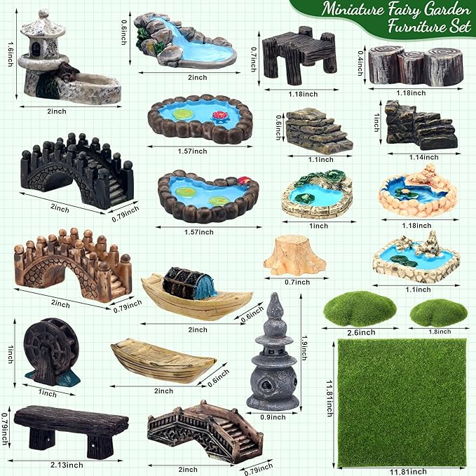 BBTO 24 Pcs Fairy Garden Accessories Architecture Miniatures- Fairy Pond Grass Boat Bridge Chair Figurines Artificial Mini Outdoor Garden Kit Water Features for Crafts Decorations